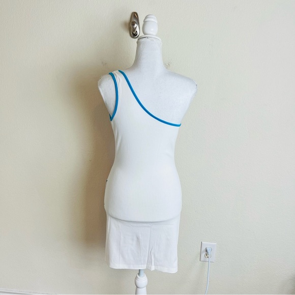 White Ribbed Contrast Stitch Butterfly Patchwork One Shoulder Bodycon Mini Dress - Picture 3 of 6